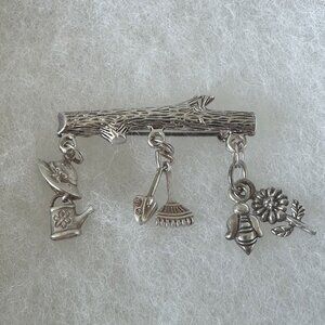 Vintage Silver Gardening Charms Brooch Pin